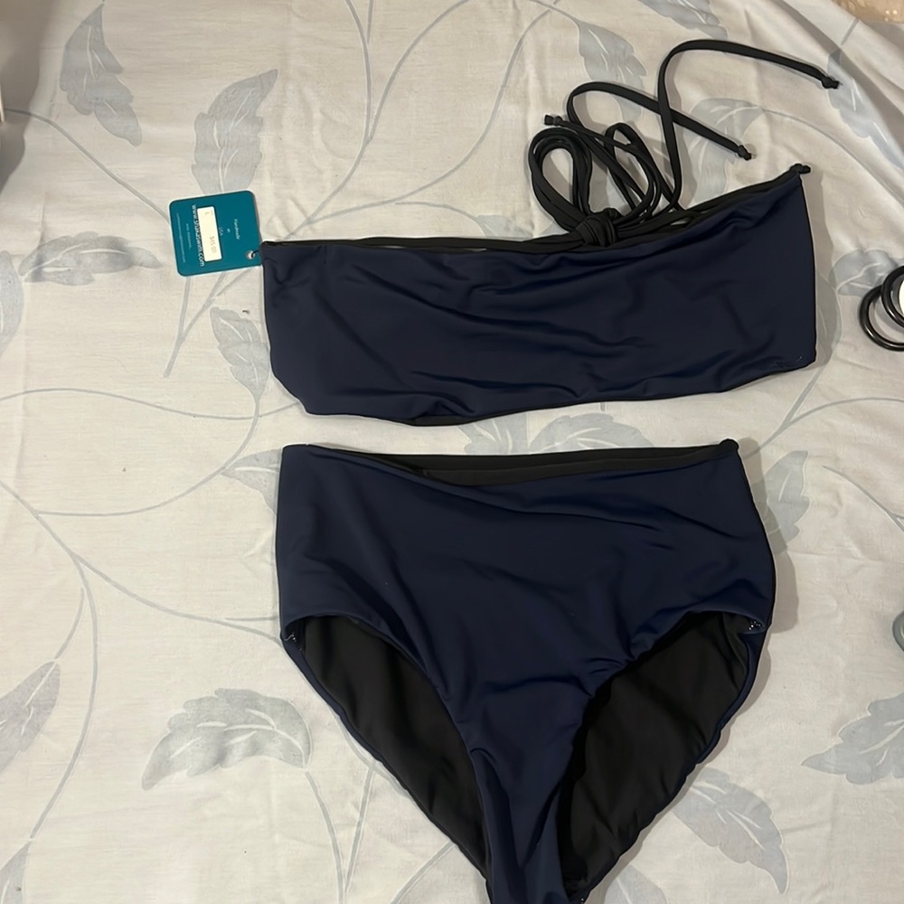 Reversible black and navy towable bandeau bikini